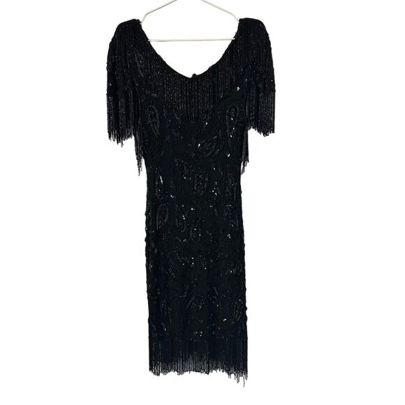 Vintage Tan Chho Black Beaded Flapper Dress size Small - FLAWS - Picture 1 of 15